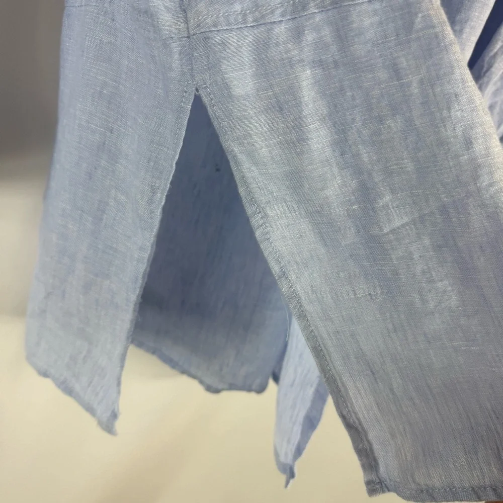 Tahari French blue 100% linen tunic shirt top split hem S Button -Up Top - Picture 10 of 14